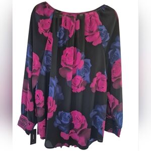 Alfani Black Blouse with Pink and Blue Floral Design